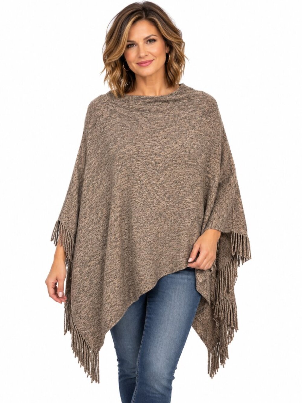 Riah Fashion LA Taupe Brown Knit Poncho with Fringe Boho Chic Wrap